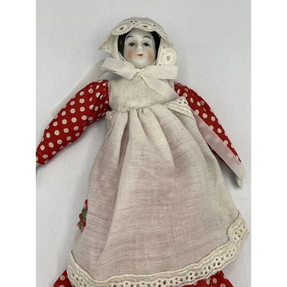 Porcelain Victorian Girl Doll Embroidered Red White Polka Dotted Dress Bonnet - Picture 14 of 15